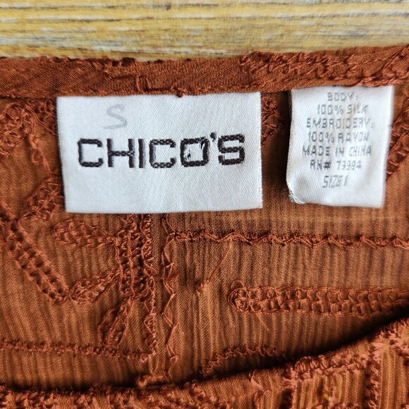 Chico's Silk Embroidered Beaded Blouse Long Sleeve Sheer Chiffon Brown - Picture 9 of 11